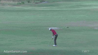 Kevin Tway gets really unlucky with hitting the pin and rolling into the bunker.